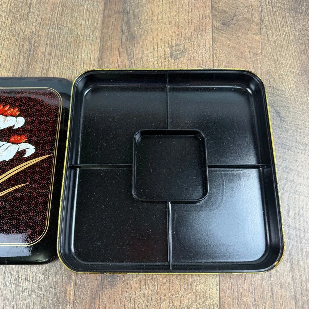 Vintage Japanese Black Lacquer Bento Box Gold Iris Floral‎ Divided Tray Lid